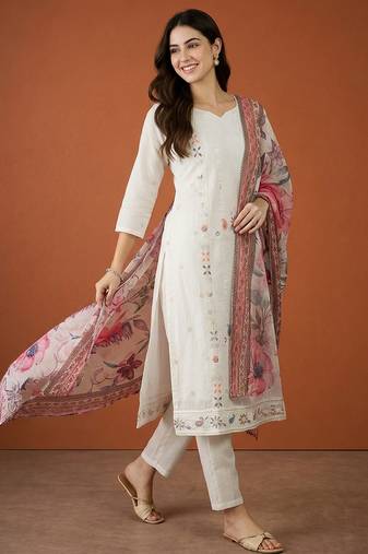 Women's Beautiful Embroidery Work Cotton Fabric Straight Kurta Pant and Dupatta Set