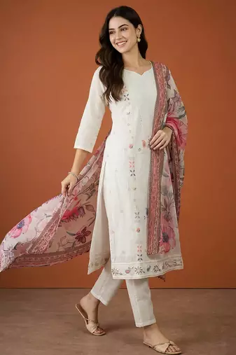 Women's Beautiful Embroidery Work Cotton Fabric Straight Kurta Pant and Dupatta Set