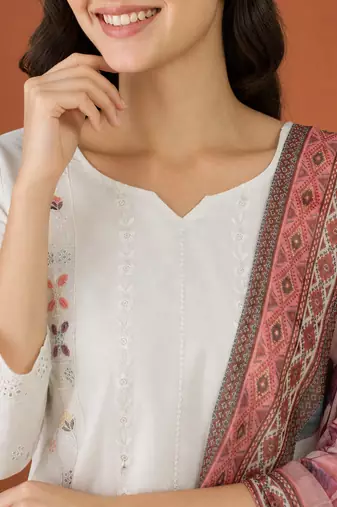 Women's Beautiful Embroidery Work Cotton Fabric Straight Kurta Pant and Dupatta Set