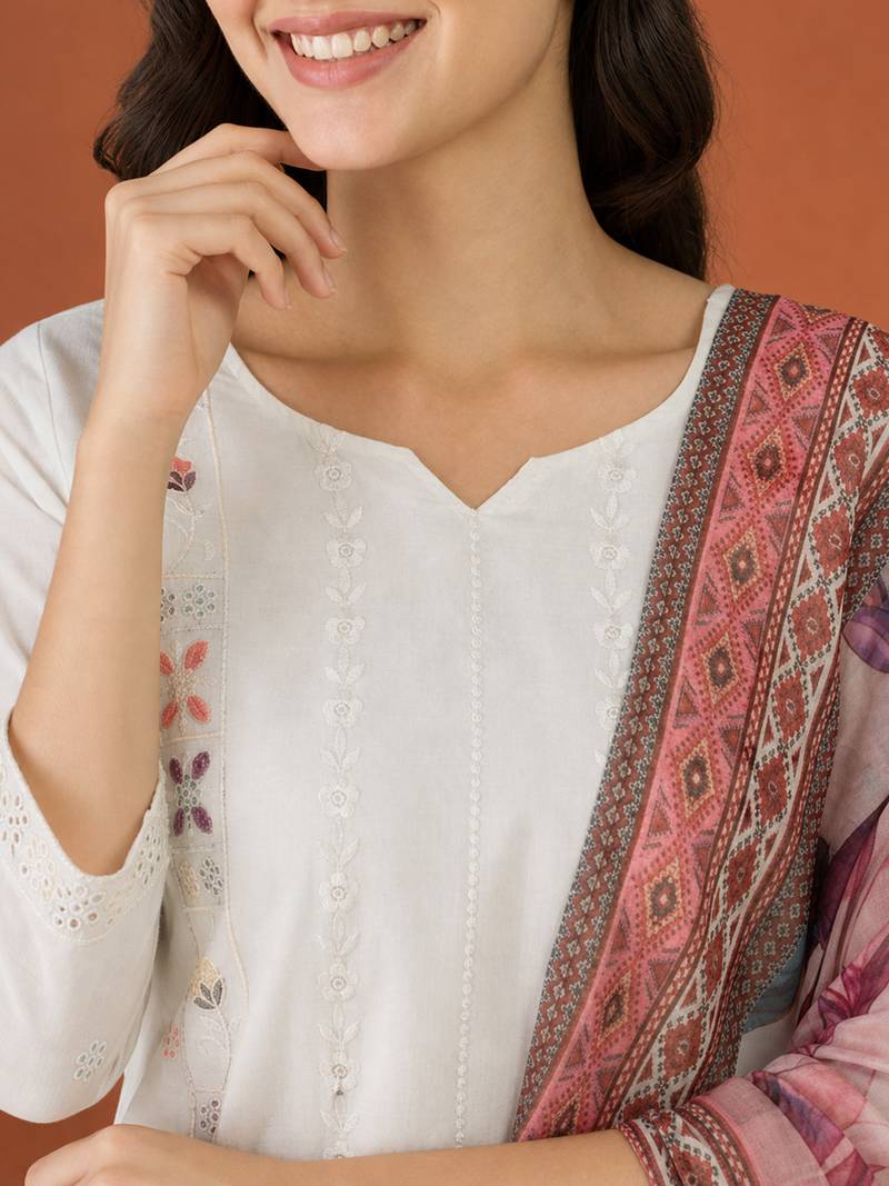 Women's Beautiful Embroidery Work Cotton Fabric Straight Kurta Pant and Dupatta Set