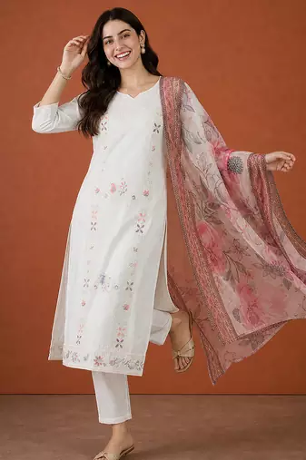 Women's Beautiful Embroidery Work Cotton Fabric Straight Kurta Pant and Dupatta Set