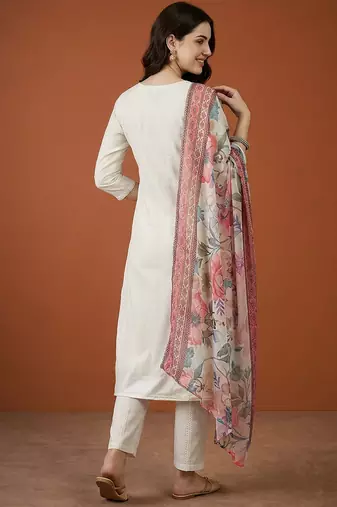 Women's Beautiful Embroidery Work Cotton Fabric Straight Kurta Pant and Dupatta Set