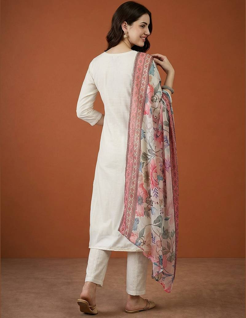 Women's Beautiful Embroidery Work Cotton Fabric Straight Kurta Pant and Dupatta Set