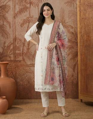 Women's Beautiful Embroidery Work Cotton Fabric Straight Kurta Pant and Dupatta Set 5