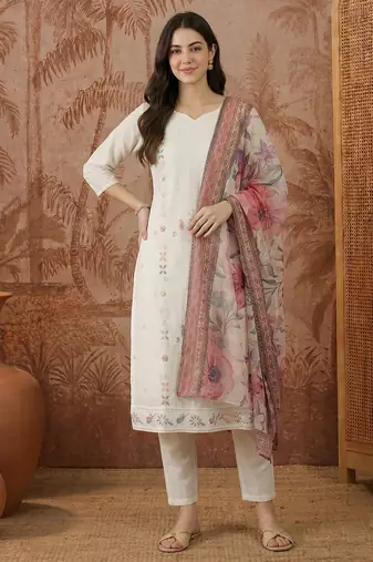 Women's Beautiful Embroidery Work Cotton Fabric Straight Kurta Pant and Dupatta Set