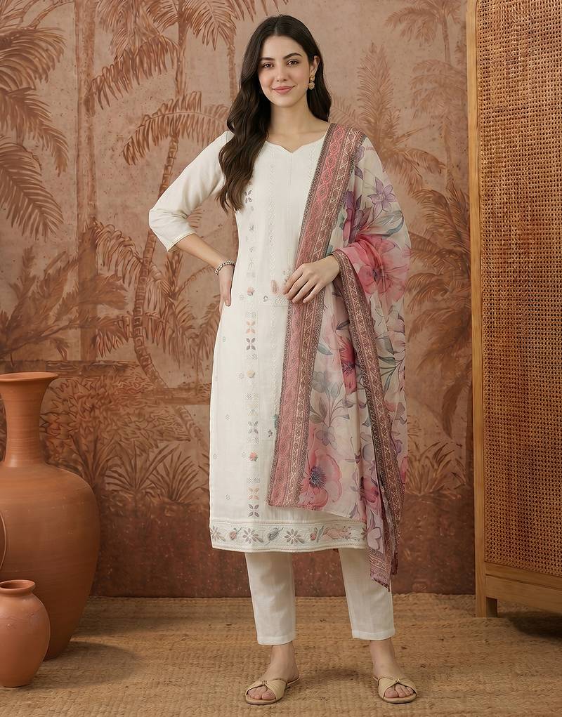 Women's Beautiful Embroidery Work Cotton Fabric Straight Kurta Pant and Dupatta Set