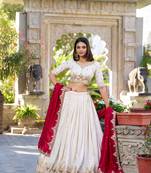 Women's Off-White Vichitra silk blend Embroidered Lehenga Choli Set with Maroon Dupatta