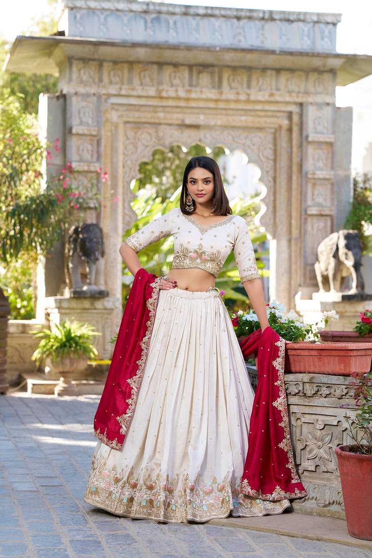 Women's Off-White Vichitra silk blend Embroidered Lehenga Choli Set with Maroon Dupatta