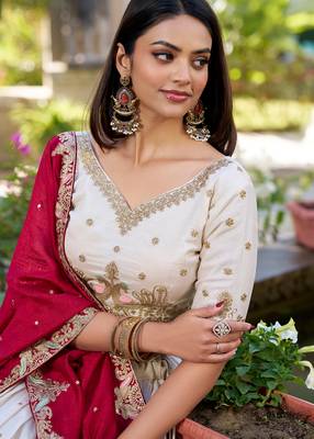 Women's Off-White Vichitra silk blend Embroidered Lehenga Choli Set with Maroon Dupatta 2
