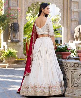 Women's Off-White Vichitra silk blend Embroidered Lehenga Choli Set with Maroon Dupatta 3