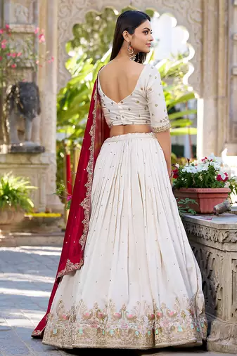 Women's Off-White Vichitra silk blend Embroidered Lehenga Choli Set with Maroon Dupatta