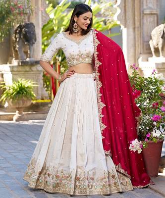 Women's Off-White Vichitra silk blend Embroidered Lehenga Choli Set with Maroon Dupatta 4