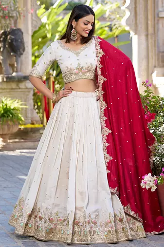 Women's Off-White Vichitra silk blend Embroidered Lehenga Choli Set with Maroon Dupatta