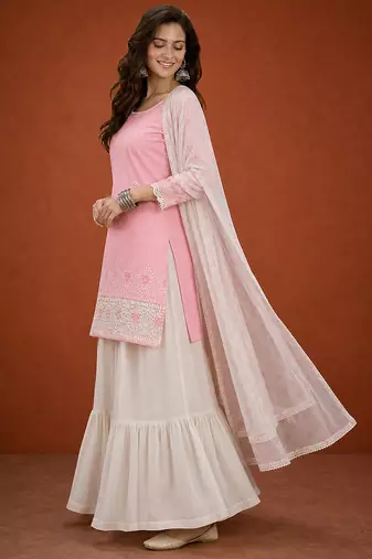 Embroidered Cotton Satin Straight Kurta Sharara and Dupatta Set