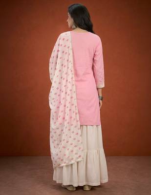 Embroidered Cotton Satin Straight Kurta Sharara and Dupatta Set 4