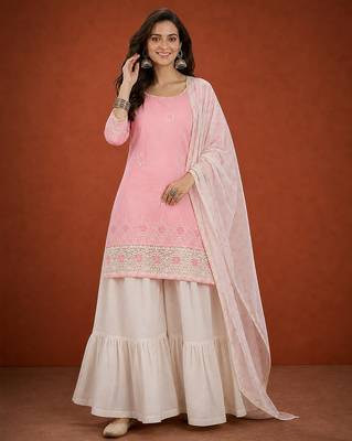 Embroidered Cotton Satin Straight Kurta Sharara and Dupatta Set 5