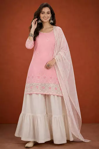 Embroidered Cotton Satin Straight Kurta Sharara and Dupatta Set