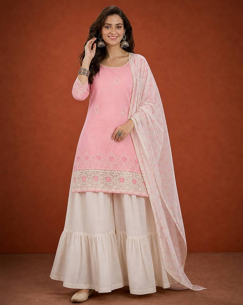 Embroidered Cotton Satin Straight Kurta Sharara and Dupatta Set