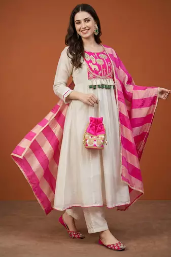 Embroidered Silk Flared Anarkali Pant and Dupatta Set