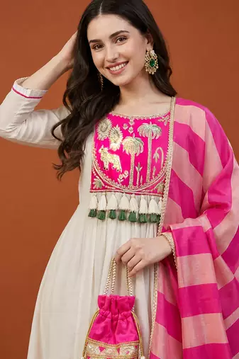 Embroidered Silk Flared Anarkali Pant and Dupatta Set