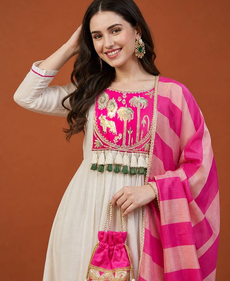 Embroidered Silk Flared Anarkali Pant and Dupatta Set