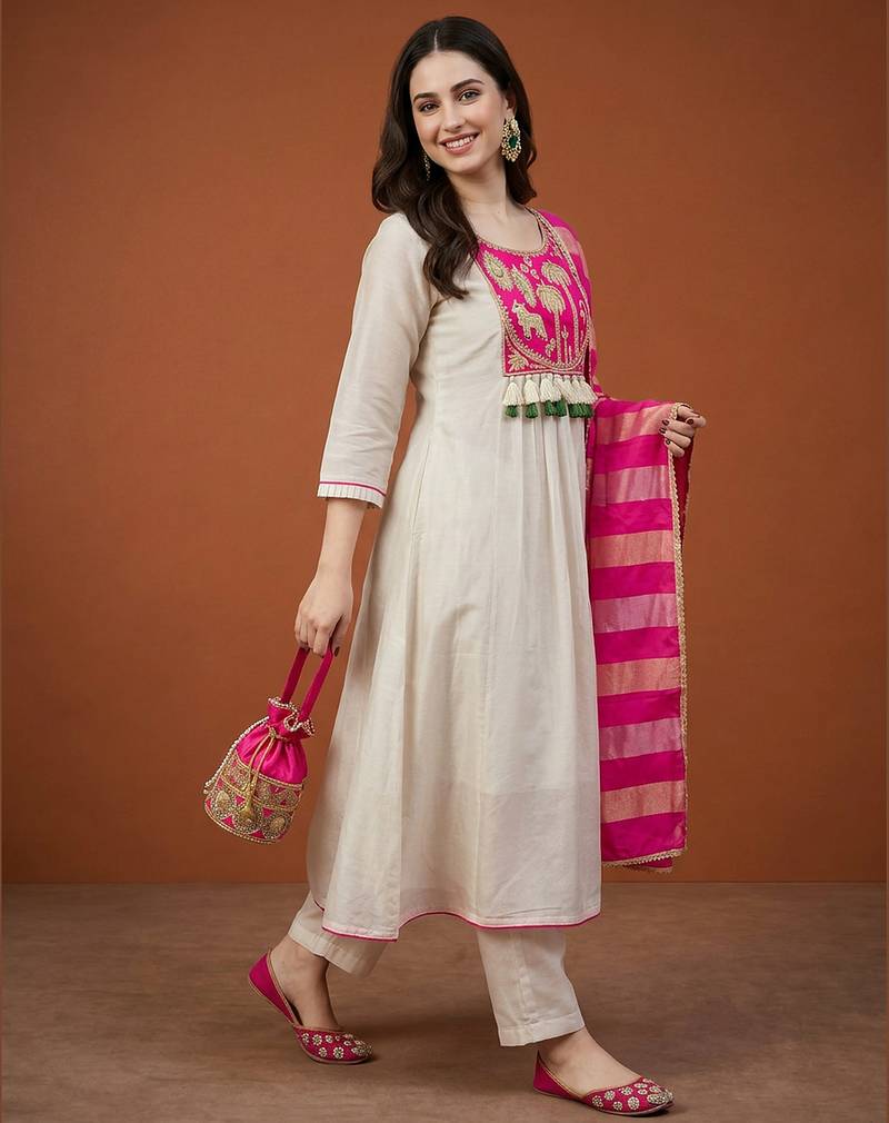 Embroidered Silk Flared Anarkali Pant and Dupatta Set