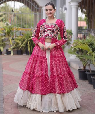 Garba outfits Pink Laheriya Print Faux Georgette Kurti with Kora Cotton Lehenga Set 1