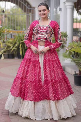 Garba outfits Pink Laheriya Print Faux Georgette Kurti with Kora Cotton Lehenga Set