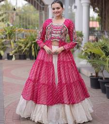 Garba outfits Pink Laheriya Print Faux Georgette Kurti with Kora Cotton Lehenga Set