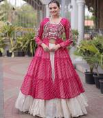 Garba outfits Pink Laheriya Print Faux Georgette Kurti with Kora Cotton Lehenga Set