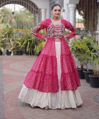 Garba outfits Pink Laheriya Print Faux Georgette Kurti with Kora Cotton Lehenga Set 2