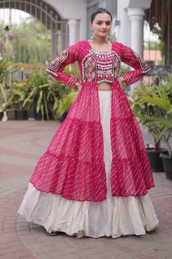 Garba outfits Pink Laheriya Print Faux Georgette Kurti with Kora Cotton Lehenga Set