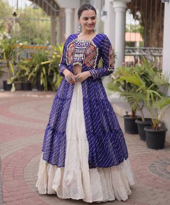 Garba outfits Blue Laheriya Print Faux Georgette Kurti with Kora Cotton Lehenga Set 1