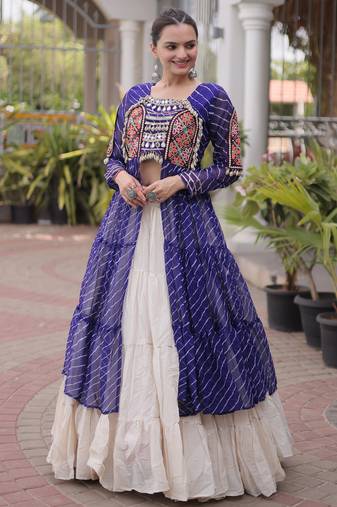 Garba outfits Blue Laheriya Print Faux Georgette Kurti with Kora Cotton Lehenga Set
