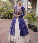 Garba outfits Blue Laheriya Print Faux Georgette Kurti with Kora Cotton Lehenga Set