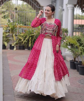 Garba outfits Pink Laheriya Print Faux Georgette Kurti with Kora Cotton Lehenga Set 3