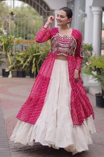 Garba outfits Pink Laheriya Print Faux Georgette Kurti with Kora Cotton Lehenga Set