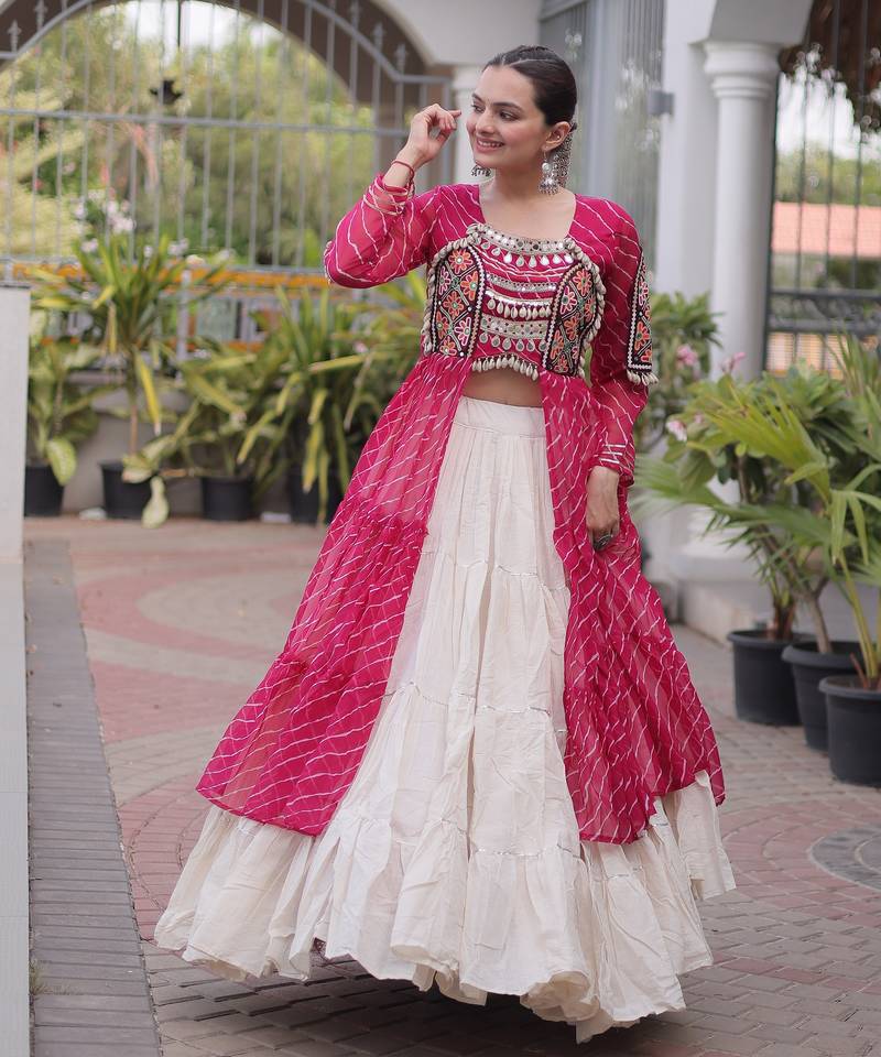 Garba outfits Pink Laheriya Print Faux Georgette Kurti with Kora Cotton Lehenga Set