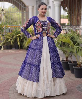Garba outfits Blue Laheriya Print Faux Georgette Kurti with Kora Cotton Lehenga Set 2