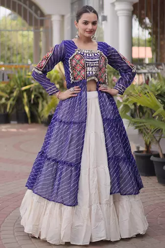 Garba outfits Blue Laheriya Print Faux Georgette Kurti with Kora Cotton Lehenga Set
