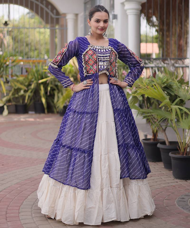 Garba outfits Blue Laheriya Print Faux Georgette Kurti with Kora Cotton Lehenga Set