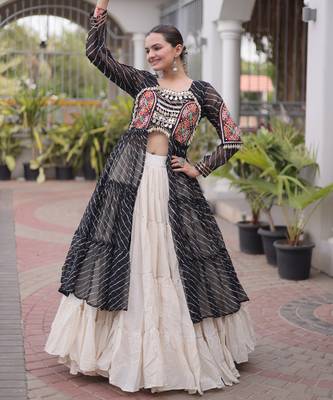 Garba outfits Black Laheriya Print Faux Georgette Kurti with Kora Cotton Lehenga Set 1