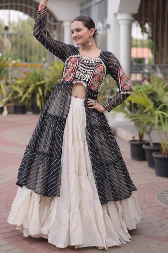 Garba outfits Black Laheriya Print Faux Georgette Kurti with Kora Cotton Lehenga Set