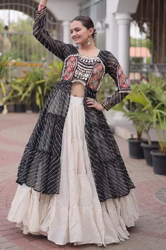 Garba outfits Black Laheriya Print Faux Georgette Kurti with Kora Cotton Lehenga Set
