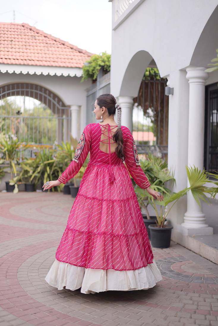Garba outfits Pink Laheriya Print Faux Georgette Kurti with Kora Cotton Lehenga Set