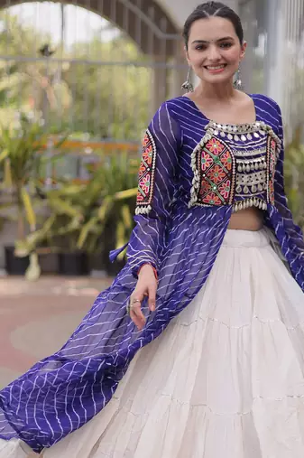 Garba outfits Blue Laheriya Print Faux Georgette Kurti with Kora Cotton Lehenga Set