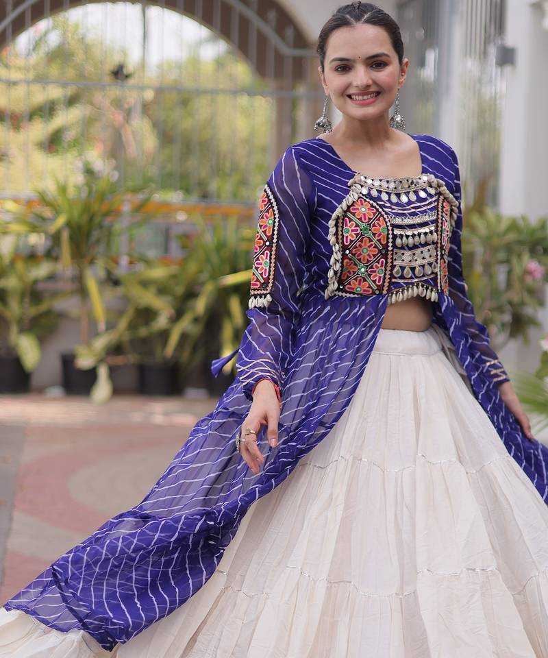 Garba outfits Blue Laheriya Print Faux Georgette Kurti with Kora Cotton Lehenga Set