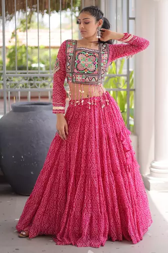 Garba outfits Pink Bandhani Print Faux Georgette Kutchi Patchwork Lehenga Choli Set