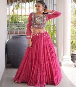 Garba outfits Pink Bandhani Print Faux Georgette Kutchi Patchwork Lehenga Choli Set