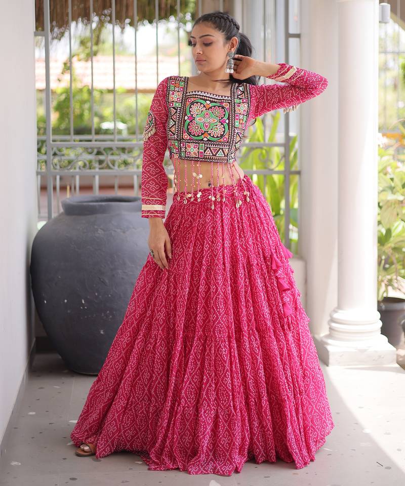Garba outfits Pink Bandhani Print Faux Georgette Kutchi Patchwork Lehenga Choli Set